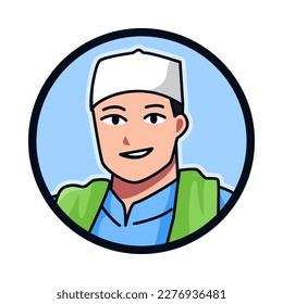 Close-up portrait of a Muslim male character wearing a Muslim cap, kopiah, songkok. round, circle avatar icon for social media, user profile, website, app. Line cartoon style. vector illustration.