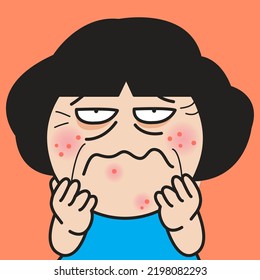 Closeup Portrait Of A Nervous Scared Girl With Red Pimples On Face Concept Card Character illustration