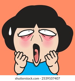 Closeup Portrait Of Nervous young woman with her weird face concept cartoon character illustration
