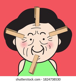 Closeup Portrait Of Old Woman Stretching Wrinkles On Her Face With Clothes Pegs Concept Card Character illustration