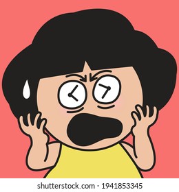 Closeup Portrait Of Panic Anxious Girl With Clock Eyes Feeling Fear Of Missing Or Being Late To A Meeting Or An Appointment Concept Card Character illustration