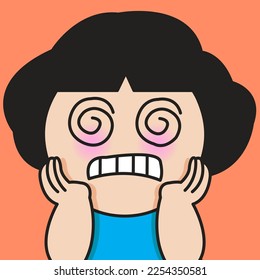 Closeup Portrait Of A Panic Girl With Eye Maze Holding Cheeks With Her Hands Concept Card Character illustration