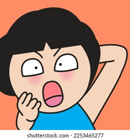 Closeup Portrait Of A Panic Girl With Mouth Open Wide And Hand On Head Concept Card Character illustration