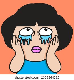 Closeup Portrait Of A Panic Girl With Tears On Her Fear Face Concept Card Character illustration