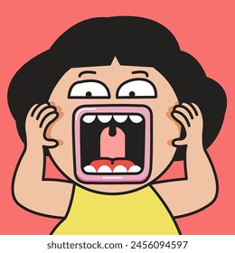 Closeup Portrait Of A Panic Woman Screaming In Terror Mouth Wide Ppen Concept Card Character illustration