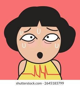 Closeup Portrait Of A Panic Young Lady With Her Fast Heart Rhythm Rate Graph Concept Cartoon Character illustration