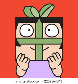 Closeup Portrait Of A Present Head Girl. Festive Season Concept Card Character illustration