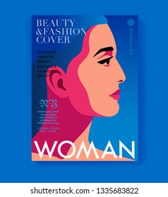 Close-up portrait in profile of abstract young woman. Fashion magazine cover design. Vector illustration