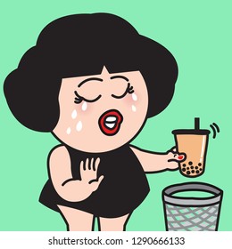 Closeup Portrait Sad Crying Woman Saying Goodbye To Bubble Milk Tea While Putting Them Into Trash Bin. Girl Refusing To Eat Sweet Drink. Weight Controller Concept Card Character illustration