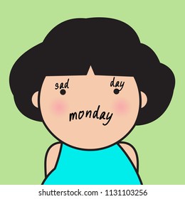 Closeup Portrait Sad Depressed Girl Facial Expression With Sad Day Text Shaped Brow And Monday Text Shaped Mouth Concept Card Character illustration