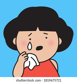 Closeup Portrait Of Sad Girl Crying And Wiping Her Tears With A Handkerchief Concept Card Character illustration