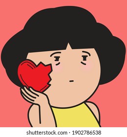 Closeup Portrait Of Sad Girl Holding Broken Heart. Character Concept Card illustration