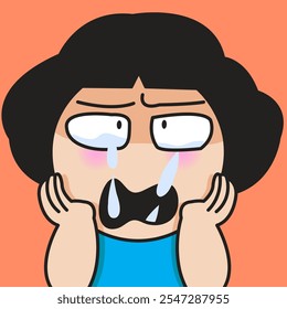 Closeup Portrait Of A Sad Young Lady Eating Her Tears While Crying concept cartoon character illustration