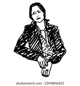 Closeup portrait of a seated lady. Beautiful sad woman with folded hands. Hand drawn linear doodle rough sketch. Black and white silhouette.