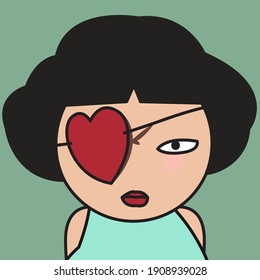 Closeup Portrait Of A Serious Girl Wears A Red Heart Patch Over Her Left Eye. Love Is Blind And Not Let People See Any Imperfections In The Person They Love Concept Card Character illustration