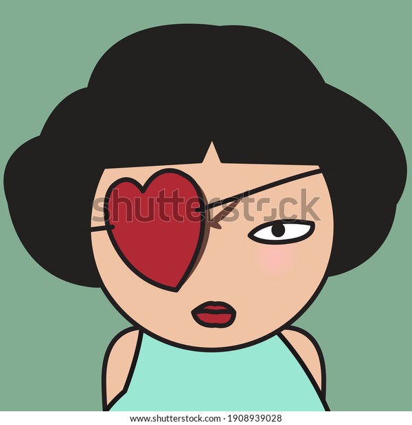 Closeup Portrait Of A Serious Girl Wears A\
Red Heart Patch Over Her Left Eye. Love Is Blind And Not Let People\
See Any Imperfections In The Person They Love Concept Card\
Character illustration