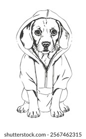 Close-up portrait of sitting Beagle dog doodle Rain coat. Vector engraved art. Friendly smilling puppy isolated on white background. Pet shelter, flyer, poster, clothing prints. Sketched poster.