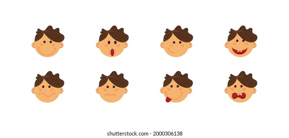 Close-up portrait of the smiling boy with different facial expressions.
