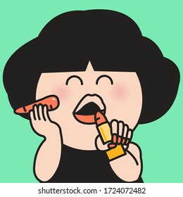 Closeup Portrait Of Smiling Girl Holds An Orange Shade Lip Stick From Carrot In Hand. Health And Beauty Products Concept Card Character illustration