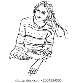 Closeup portrait of a smiling woman with long loose hair in a striped sweater. Female portrait. Hand drawn linear doodle rough sketch. Black ink silhouette on white background.