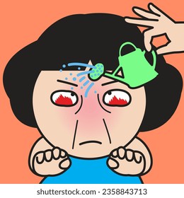 Closeup Portrait Of Someone's Hands Carrying Water Bucket Over An Aggressive Anger Woman's Head To Calm And Cool Her Down Concept Card Character illustration