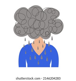 Closeup Portrait Of Stressed Girl With Grey Cloud Head Concept Card Character illustration