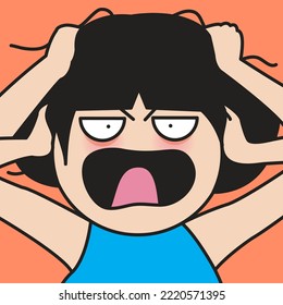 Closeup Portrait Of A Stressed Girl Is Shouting And Tearing Or Pulling Her Hair Out Concept Card Character illustration