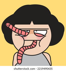 Closeup Portrait Of A Stressed Young Woman’s Headaches Like Parasite Worm Living In Her Head Concept Card Character illustration