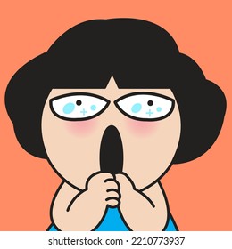 Closeup Portrait Of A Surprised Girl With Blink Eyes Keeps Hands Pressed Together Over Mouth Concept Card Character illustration