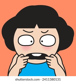 Closeup Portrait Of Surprised Young Girl Pulling Or Spreading Her Mouth With Her Fingers And Showing Teeth Concept Card Character illustration