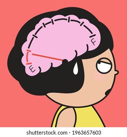 Closeup Portrait Of Tired Girl Looking At Her Brain With Almost Empty At Zero Fuel Gauge Level Tank Indicator Concept Card Character illustration