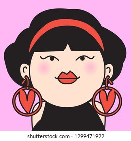 Closeup Portrait Trendy Girl With Her Favorite Huge Red Heart Hoop Earrings. Concept Of  Valentine's Day Series Card Character illustration