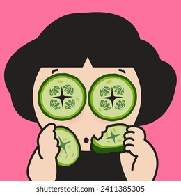 Closeup Portrait Of A Veggie Hater Girl With Her Tiring Cucumber Eyes Concept Card Character illustration