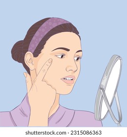 Closeup portrait of woman looking at mirror touching her skin. Skin Care Concept. Beauty care, skin problem treatment, skincare.