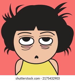 Closeup Portrait Of Woman With Tired And Sleepy Face Expression And Messy Hair Concept Card Character Illustration