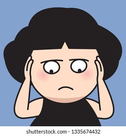 Closeup Portrait Worried Girl With Headache Gesture & Facial Expression Concept Card Character illustration