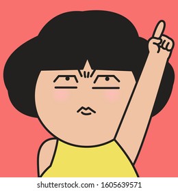 Closeup Portrait Of A Young Angry Girl Pointing Finger Up Concept Card Character illustration