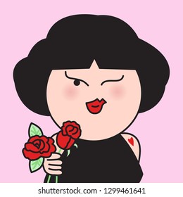 Closeup Portrait Young Attractive Girl With Flirty Eyes, Red Lips And Heart Tattoos On Shoulder, Holding Red Roses In Hand. Romantic Valentines Day Series Concept Card Character illustration