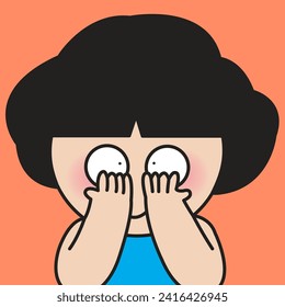 Closeup Portrait Of Young Girl Cover Face With Hands To Prevent Herself From Laughing. Holding Back Laugh Concept Card Character illustration