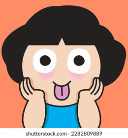 Closeup Portrait Of Young Girl With Tongue Sticking Out And Eyes Wide Open. Happy Cute Funny Face Expression Concept Card Character illustration