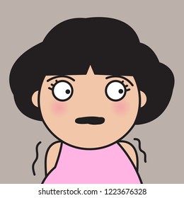 Closeup Portrait Of Young Woman With Big Eyes Looks Trembling From Terror Shocked. Frightened Anxious Nervous Panicked Scared Girl Concept Card Character illustration