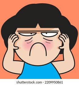 Closeup Portrait Of A Young Woman Has Stress And Worry And She Is Holding Her Hands On Head. Headache, Money Or Life Trouble Concept Card Character illustration