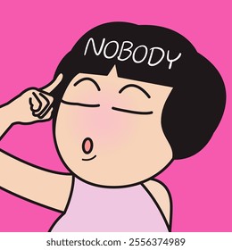 Closeup Portrait Of A Young woman Pointing At Her Nobody Head Concept Cartoon Character illustration
