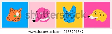 Close-up portraits of Cats and Dogs. Abstract colors. Cartoon style. Home pet, animal care concept. Hand drawn modern isolated Vector illustrations. Square Logo, icon, avatar templates