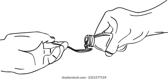 Close-up of Pouring Cough Syrup Royalty-Free Sketch Drawing, Continuous Outline Cartoon Illustration Pouring Cough Syrup into Spoon