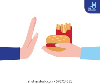 Closeup. For pretending to ban hand and hand giving fasfood
Symbol of break.
Vector flat cartoon design illustration.
stop concept.
Isolated on white background.