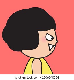 Closeup Profile Face Angry Grumpy Girl With Devil Teeth Concept Card Character illustration