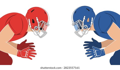 Close-up profile view of two American football players in red and blue helmets facing each other in intense confrontation for sports rivalry and competition themes.