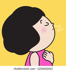 Closeup Profile Woman Inhale Exhale Sigh Breathing Relaxing Concept Card Character Illustration