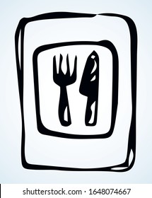 Closeup public diner bar buffet cafeteria route info plate logo element set. Outline black hand drawn business rest dine bistro menu rule button concept design sketch. Doodle cartoon white line style